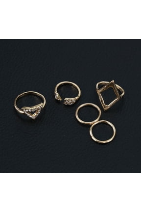 Womens Heart Shape Alloy Ring Set Diamond Arrow Rhombus and Triangle Joint Ring Design Fashion Jewelry Golden and Silver 5-Piece