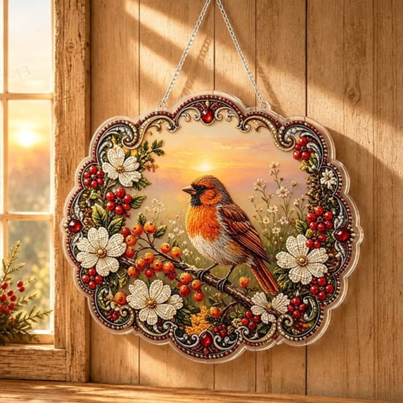 Diamond Art, Bird Hanging Diamond Art Kits for Adults Pendant Suncatcher, Special Shaped Crystal DIY Pearl Diamond Painting Kit, Gift for Mother Spring Summer Window Wreath Decor(Orange), 9.84in