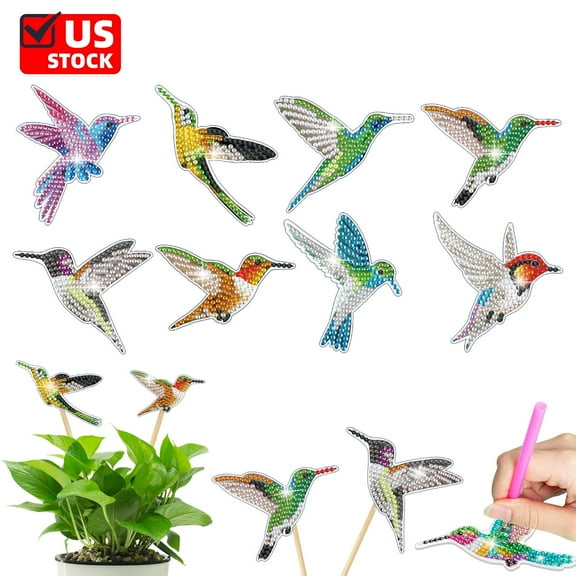 Diamond Art Birds 8 Pack, DIY Plant Stake Garden Decor, Birds Diamond Dots for Adults, Jewel Art Painting Kits, Mini Gem Arts and Crafts