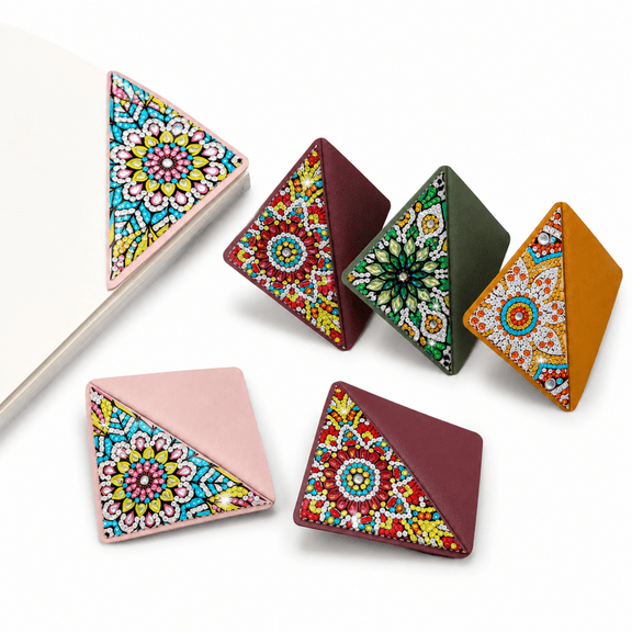 Diamond Art Bookmarks, 4-Piece PU Leather Corner Bookmark Kit with Painting Tools for DIY