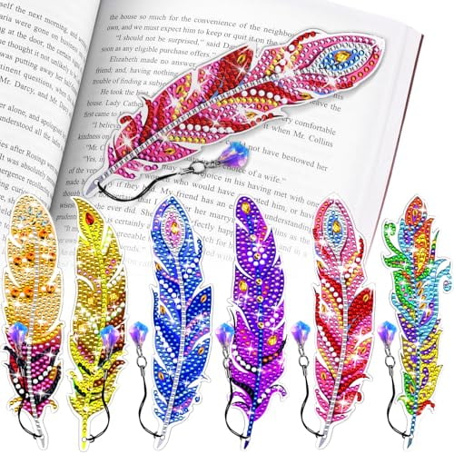 Diamond Art Bookmarks,6 Pcs Cute Diamond Art Bookmarks for Book Lovers,DIY Feather Bookmark Diamond Art Kits for Kids