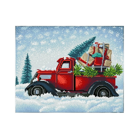 Diamond Art by Leisure Arts Red Truck Painting Kit – Advanced Full Drill Holiday Scene with Round Gems – DIY Canvas for Adults, Winter Truck Art 20" x 16"