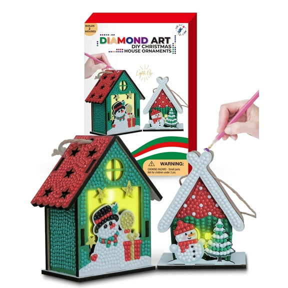 Diamond Art Christmas House Ornaments - Includes LED Light with Battery for kids 6-12 Years Old - Makes 2 Projects - Perfect for Christmas Trees