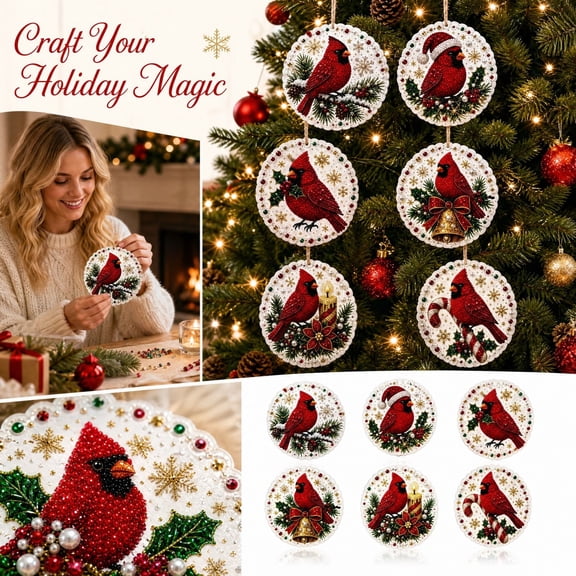 Diamond Art Christmas Ornaments with Cardinal Design and Pearl Embellishments, Set of 6, Red and White, for Christmas Tree Decor, Hanging Decorations