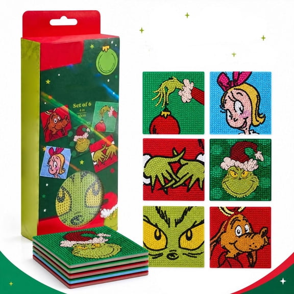 Diamond Art Coaster Kit with Green Monster Designs, 6-Piece DIY Craft Set for Adults, Holiday Diamond Painting Coasters for Beginners