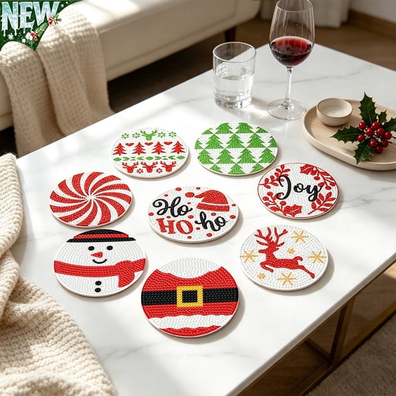 Diamond Art Coaster Set 8PCS, Assorted Holiday Pattern Round Drink Mats, DIY Rhinestone Tabletop Cup Protector for Chrismtas Table Decoration