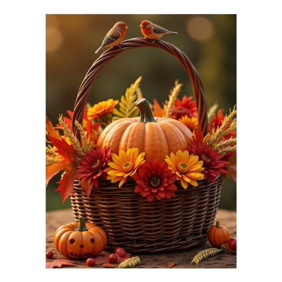 Diamond Art Kit for Adults, Autumn Basket Pumpkin Flowers Birds Diamond Painting for Adults Beginners, DIY Diamond Art Painting Kits, 5D Diamond Painting Crafts for Home Decor 12x16 Frameless