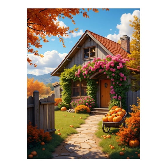 Diamond Art Kit for Adults, Autumn Cottage with Pumpkins Pathway Diamond Painting for Adults Beginners, DIY Diamond Art Painting Kits, 5D Diamond Painting Crafts for Home Decor 12x16 Frameless