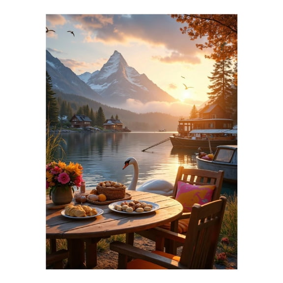 Diamond Art Kit for Adults, Autumn Lake View Breakfast Scene Diamond Painting for Adults Beginners, 5D DIY Diamond Art Painting Kits, Colorful Diamond Painting Craft for Home Decor 12x16