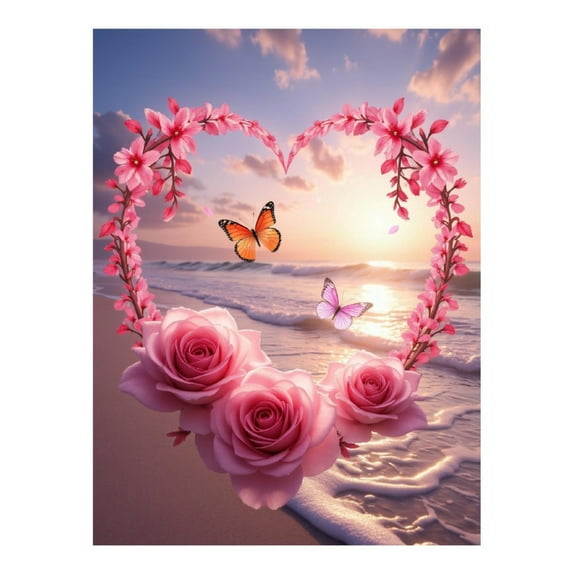 Diamond Art Kit for Adults, Beach Sunset Pink Rose Heart Diamond Painting for Adults Beginners, 5D DIY Diamond Art Painting Kits, Colorful Diamond Painting Craft for Home Decor 12x16