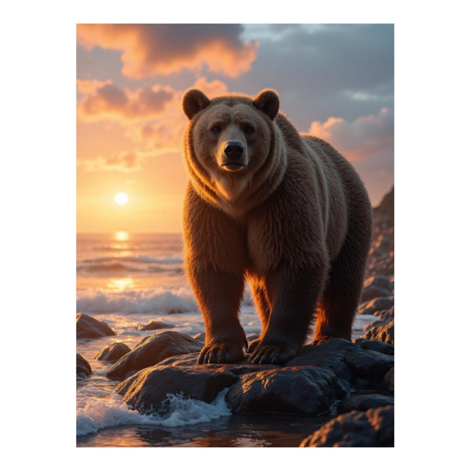 Diamond Art Kit for Adults, Bear Sunset Ocean Rocks Scene Diamond Painting for Adults Beginners, 5D DIY Diamond Art Painting Kits, Colorful Diamond Painting Craft for Home Decor 12x16