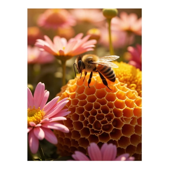 Diamond Art Kit for Adults, Bee Honeycomb Pink Flowers Diamond Painting for Adults Beginners, 5D DIY Diamond Art Painting Kits, Colorful Diamond Painting Craft for Home Decor 12x16