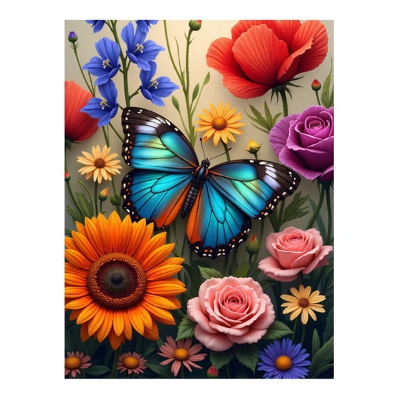 Diamond Art Kit for Adults, Blue Butterfly Among Vibrant Flowers Diamond Painting for Adults Beginners, DIY Diamond Art Painting Kits, 5D Diamond Painting Crafts for Home Decor 12x16 Frameless