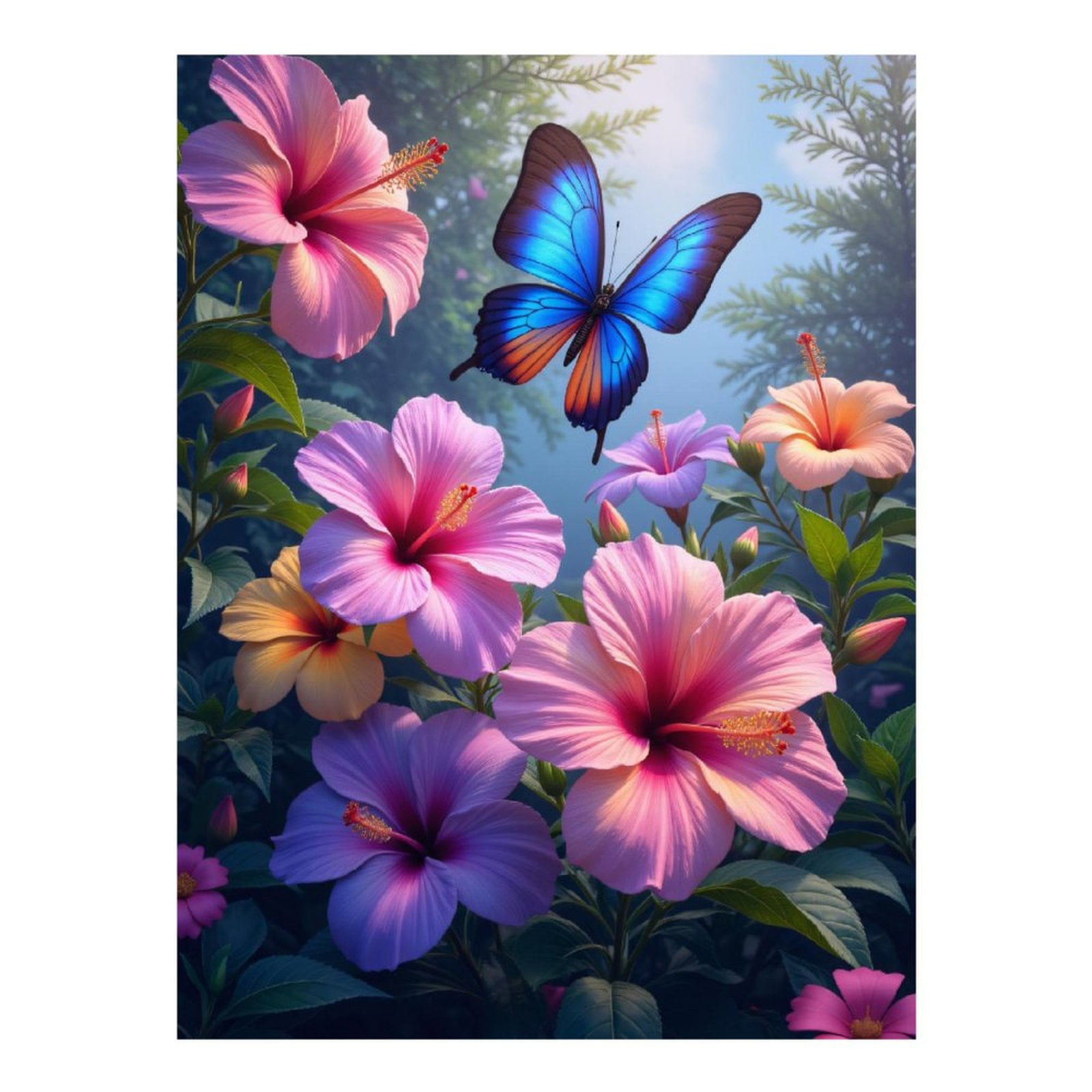 Diamond Art Kit for Adults, Blue Butterfly Pink Hibiscus Garden Diamond Painting for Adults Beginners, DIY Diamond Art Painting Kits, 5D Diamond Painting Crafts for Home Decor 12x16 Frameless