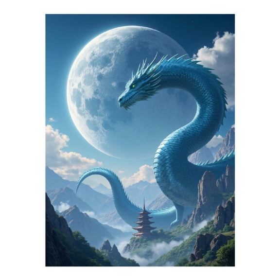 Diamond Art Kit for Adults, Blue Serpent Moon Mountain Temple Diamond Painting for Adults Beginners, 5D DIY Diamond Art Painting Kits, Colorful Diamond Painting Craft for Home Decor 12x16