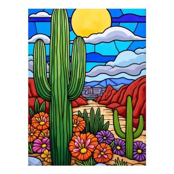 Diamond Art Kit for Adults, Cactus Desert Sun Stained Glass Diamond Painting for Adults Beginners, DIY Diamond Art Painting Kits, 5D Diamond Painting Crafts for Home Decor 12x16 Frameless