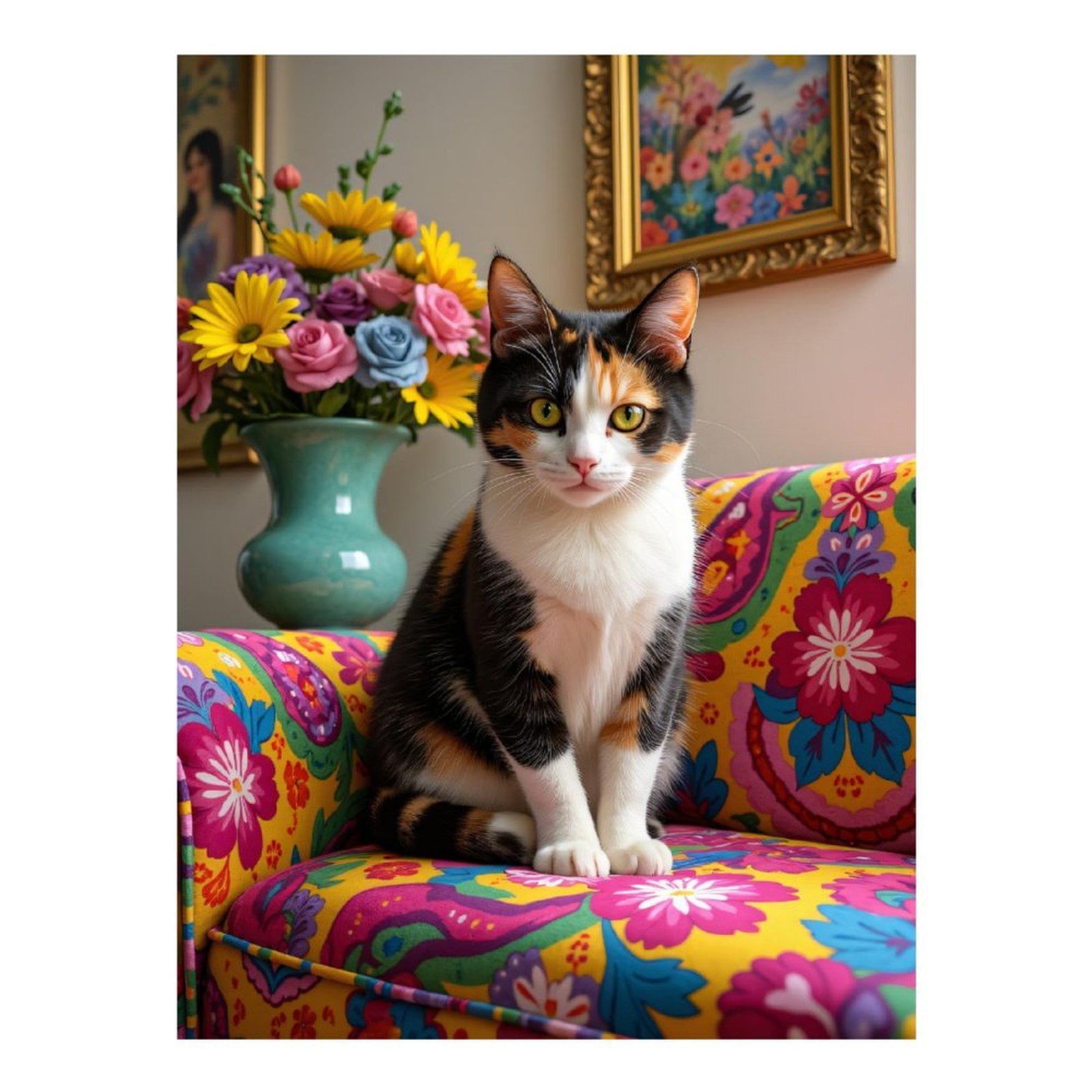 Diamond Art Kit for Adults, Calico Cat Floral Chair Decor Art Diamond Painting for Adults Beginners, 5D DIY Diamond Art Painting Kits, Colorful Diamond Painting Craft for Home Decor 12x16