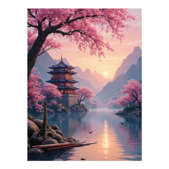 Diamond Art Kit for Adults, Cherry Blossom Lake Sunset Pagoda Diamond Painting for Adults Beginners, 5D DIY Diamond Art Painting Kits, Colorful Diamond Painting Craft for Home Decor 12x16