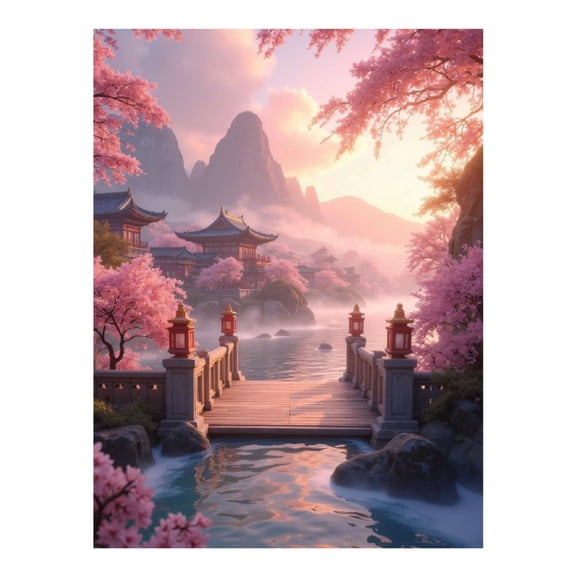 Diamond Art Kit for Adults, Cherry Blossom Mountain Temple Serenity Diamond Painting for Adults Beginners, 5D DIY Diamond Art Painting Kits, Colorful Diamond Painting Craft for Home Decor 12x16