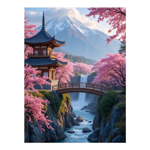 Diamond Art Kit for Adults, Cherry Blossom Temple Bridge Scenery Diamond Painting for Adults Beginners, 5D DIY Diamond Art Painting Kits, Colorful Diamond Painting Craft for Home Decor 12x16