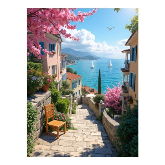 Diamond Art Kit for Adults, Coastal Village Blossoms Blue Seascape Diamond Painting for Adults Beginners, 5D DIY Diamond Art Painting Kits, Colorful Diamond Painting Craft for Home Decor 12x16