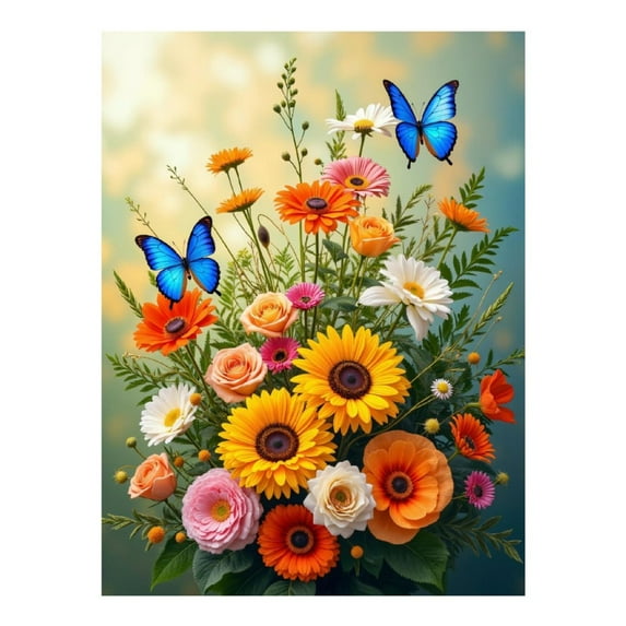 Diamond Art Kit for Adults, Colorful Bouquet With Blue Butterflies Diamond Painting for Adults Beginners, 5D DIY Diamond Art Painting Kits, Colorful Diamond Painting Craft for Home Decor 12x16