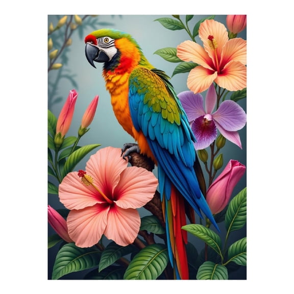 Diamond Art Kit for Adults, Colorful Parrot With Tropical Flowers Diamond Painting for Adults Beginners, DIY Diamond Art Painting Kits, 5D Diamond Painting Crafts for Home Decor 12x16 Frameless