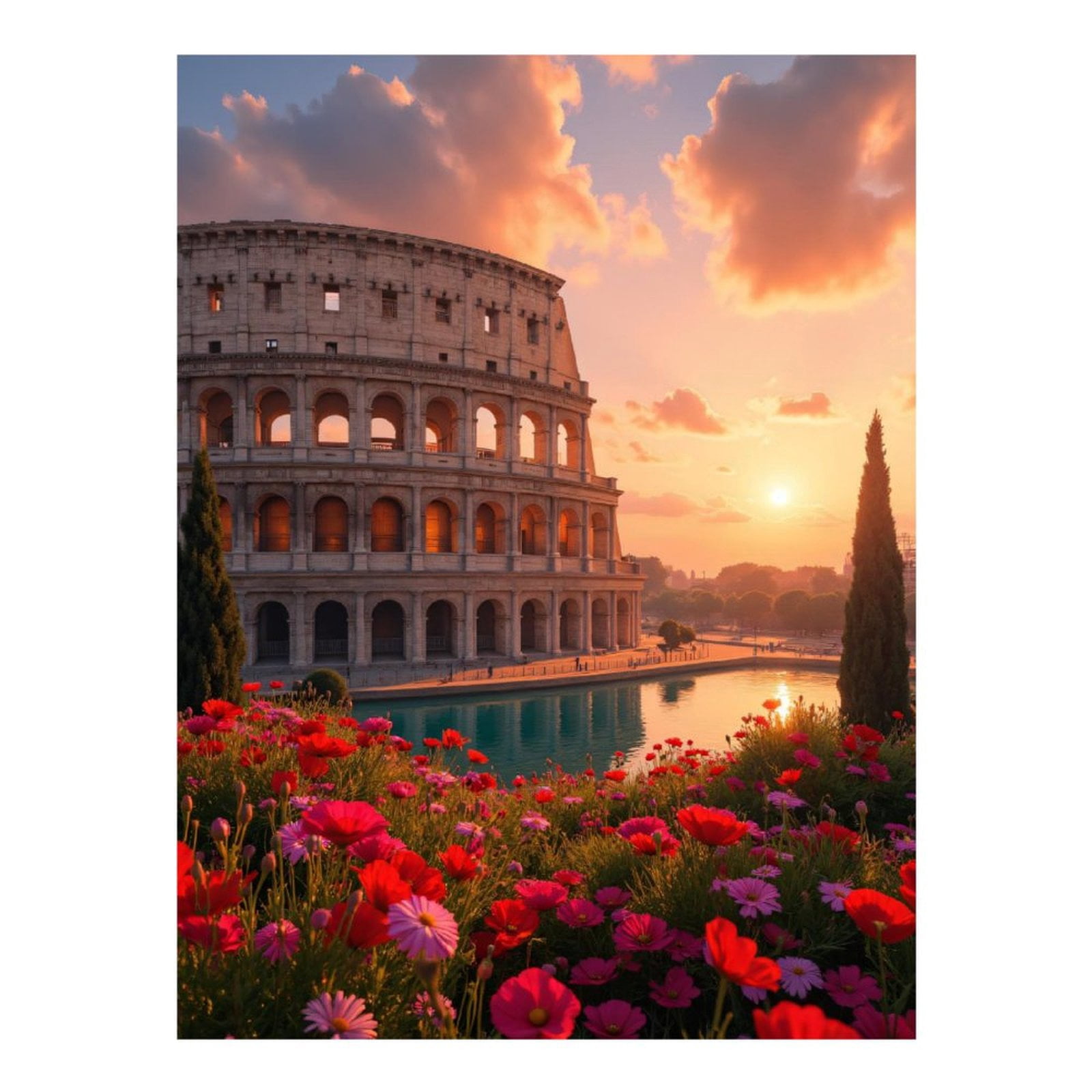Diamond Art Kit for Adults, Colosseum Sunset Flowers Reflection Diamond Painting for Adults Beginners, 5D DIY Diamond Art Painting Kits, Colorful Diamond Painting Craft for Home Decor 12x16