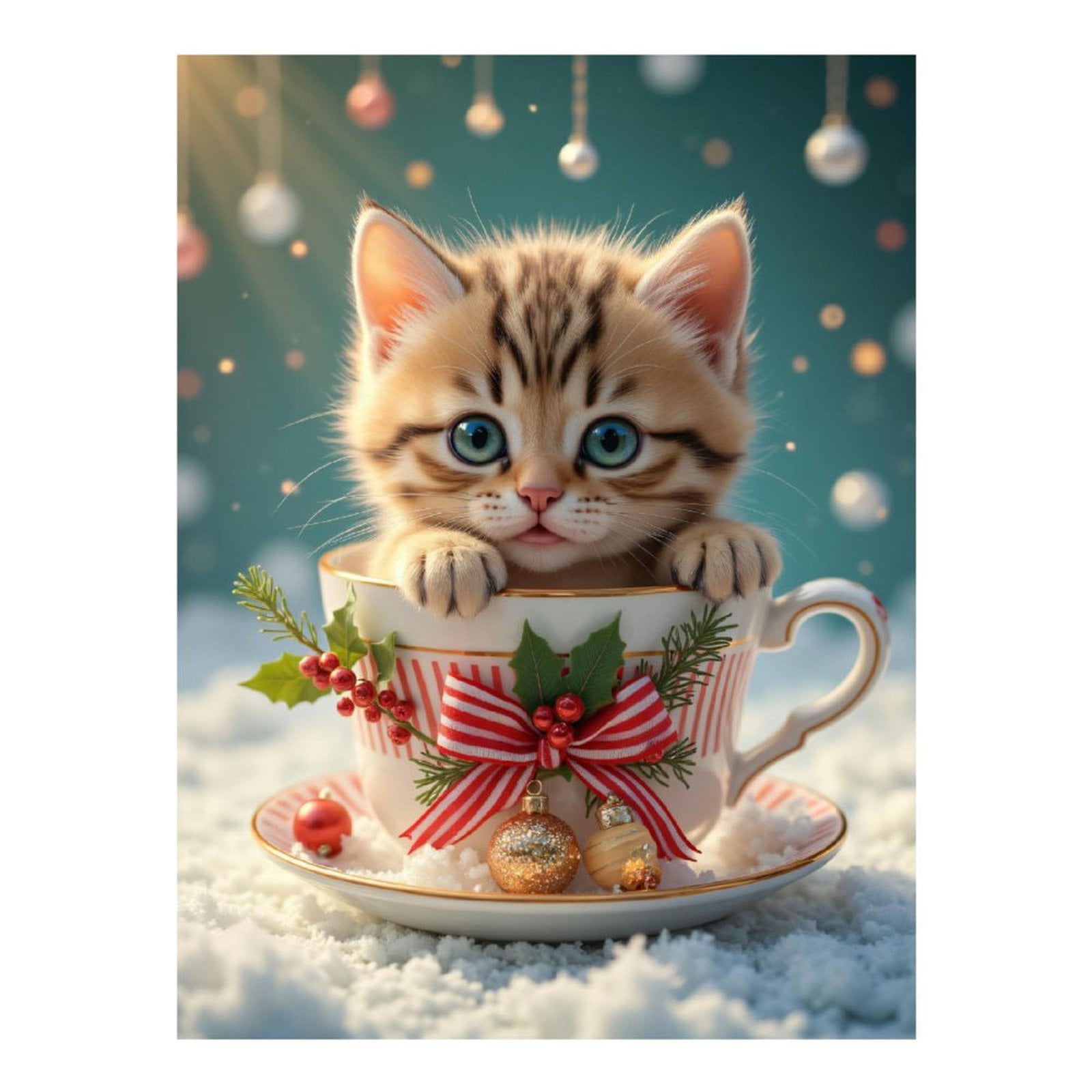 Diamond Art Kit for Adults, Cute Kitten Christmas Teacup Ornament Diamond Painting for Adults Beginners, DIY Diamond Art Painting Kits, 5D Diamond Painting Crafts for Home Decor 12x16 Frameless