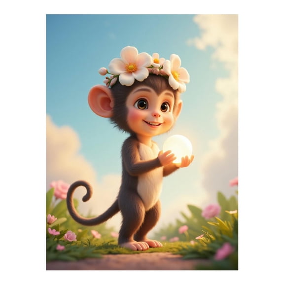 Diamond Art Kit for Adults, Cute Monkey Flower Crown Holding Light Diamond Painting for Adults Beginners, DIY Diamond Art Painting Kits, 5D Diamond Painting Crafts for Home Decor 12x16 Frameless