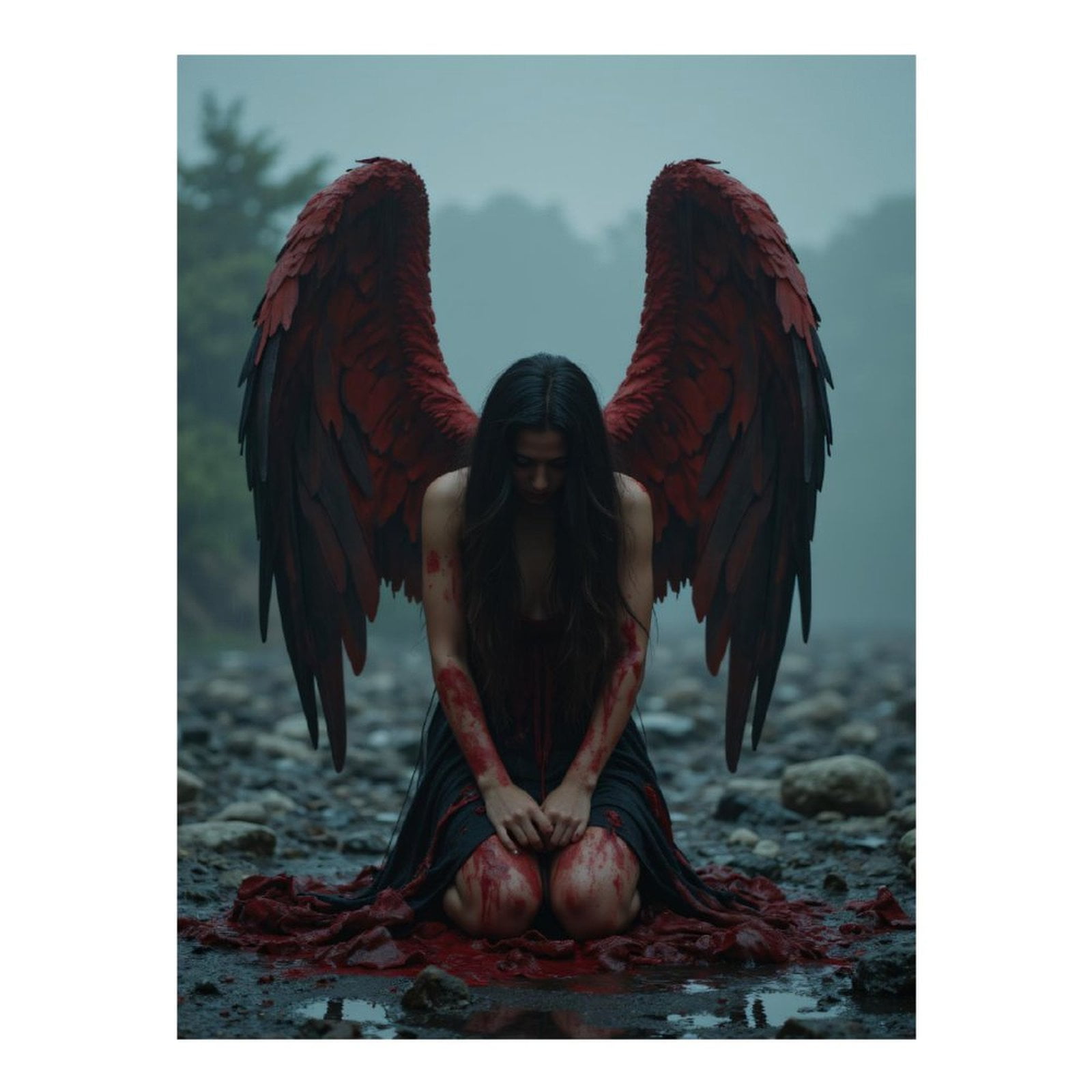 Diamond Art Kit for Adults, Dark Angel Red Wings Kneeling Riverbed Diamond Painting for Adults Beginners, DIY Diamond Art Painting Kits, 5D Diamond Painting Crafts for Home Decor 12x16 Frameless