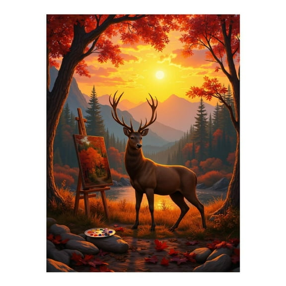 Diamond Art Kit for Adults, Deer Canvas Autumn Sunset Landscape Diamond Painting for Adults Beginners, 5D DIY Diamond Art Painting Kits, Colorful Diamond Painting Craft for Home Decor 12x16