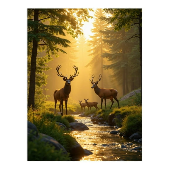 Diamond Art Kit for Adults, Deer Family Forest Stream Sunrise Diamond Painting for Adults Beginners, DIY Diamond Art Painting Kits, 5D Diamond Painting Crafts for Home Decor 12x16 Frameless