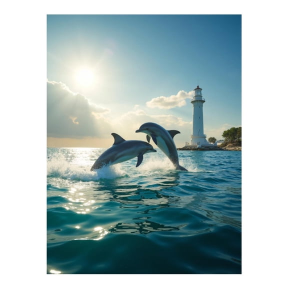 Diamond Art Kit for Adults, Dolphins Lighthouse Ocean Sunrise Diamond Painting for Adults Beginners, 5D DIY Diamond Art Painting Kits, Colorful Diamond Painting Craft for Home Decor 12x16