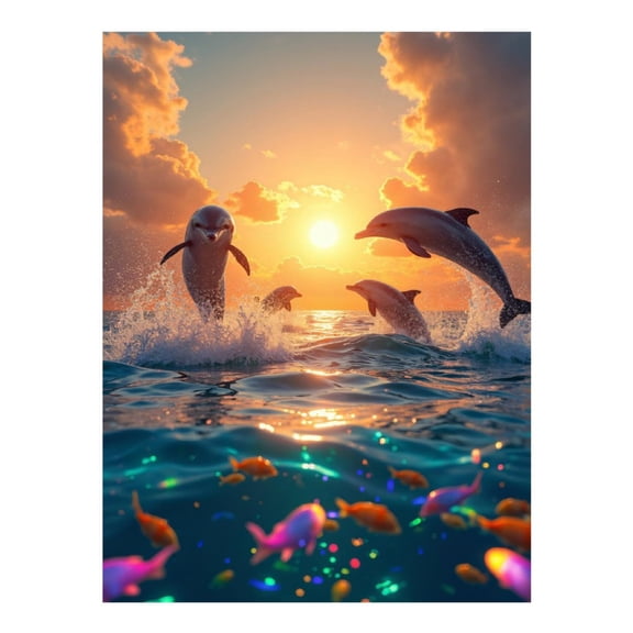 Diamond Art Kit for Adults, Dolphins Sunset Ocean Splash Diamond Painting for Adults Beginners, DIY Diamond Art Painting Kits, 5D Diamond Painting Crafts for Home Decor 12x16 Frameless