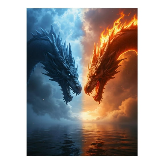 Diamond Art Kit for Adults, Fire Water Battle Dragons Sky Diamond Painting for Adults Beginners, DIY Diamond Art Painting Kits, 5D Diamond Painting Crafts for Home Decor 12x16 Frameless