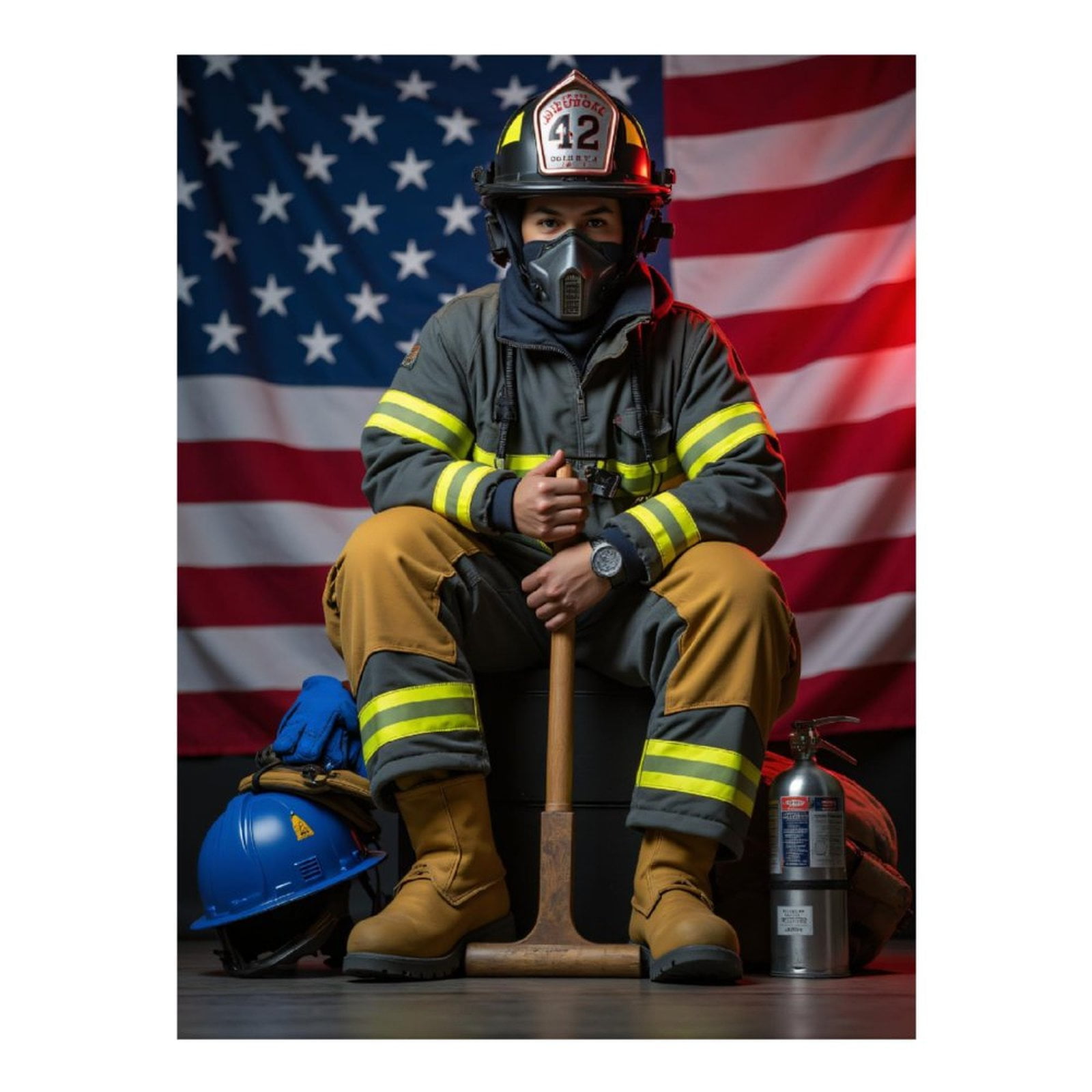 Diamond Art Kit for Adults, Firefighter Hero Pose Flag Background