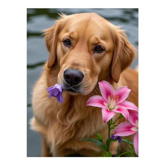 Diamond Art Kit for Adults, Golden Retriever With Pink Flowers Diamond Painting for Adults Beginners, 5D DIY Diamond Art Painting Kits, Colorful Diamond Painting Craft for Home Decor 12x16