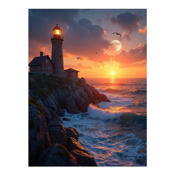 Diamond Art Kit for Adults, Lighthouse Sunset Ocean Waves Sky Diamond Painting for Adults Beginners, DIY Diamond Art Painting Kits, 5D Diamond Painting Crafts for Home Decor 12x16 Frameless