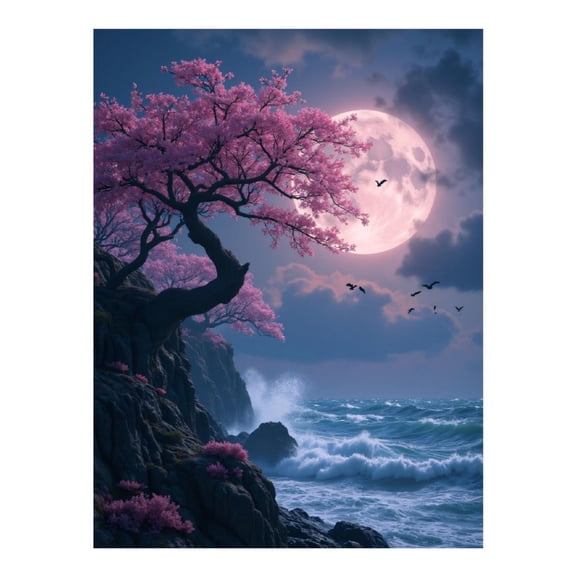Diamond Art Kit for Adults, Moonlit Cherry Blossom Seascape Diamond Painting for Adults Beginners, 5D DIY Diamond Art Painting Kits, Colorful Diamond Painting Craft for Home Decor 12x16