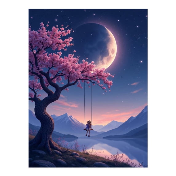 Diamond Art Kit for Adults, Moonlit Cherry Blossom Swing Diamond Painting for Adults Beginners, DIY Diamond Art Painting Kits, 5D Diamond Painting Crafts for Home Decor 12x16 Frameless