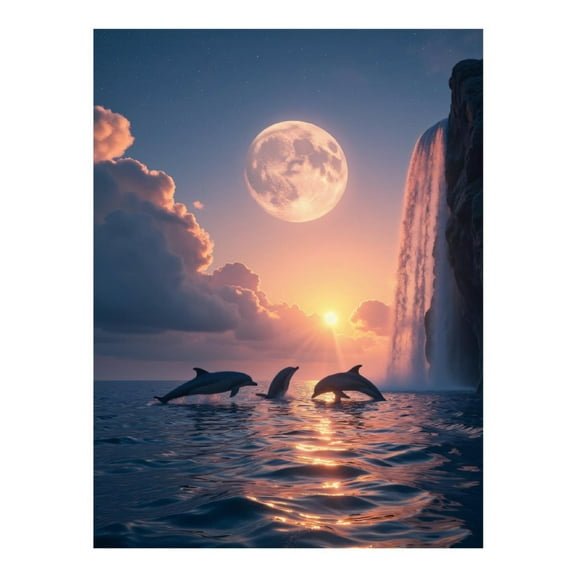 Diamond Art Kit for Adults, Moonlit Waterfall Dolphins Jumping Diamond Painting for Adults Beginners, 5D DIY Diamond Art Painting Kits, Colorful Diamond Painting Craft for Home Decor 12x16