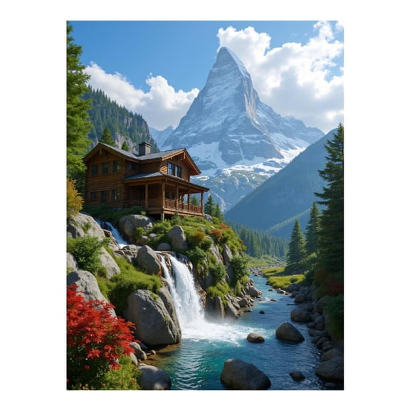Diamond Art Kit for Adults, Mountain Cabin Waterfall Scenery Diamond Painting for Adults Beginners, DIY Diamond Art Painting Kits, 5D Diamond Painting Crafts for Home Decor 12x16 Frameless