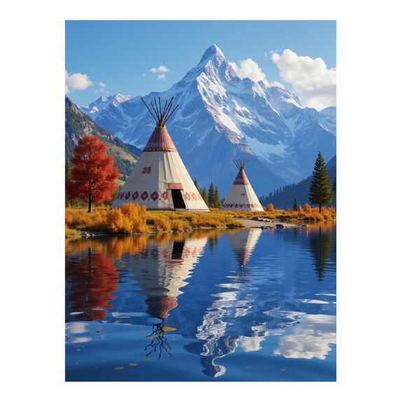 Diamond Art Kit for Adults, Mountain Reflection Teepees Lake Diamond Painting for Adults Beginners, 5D DIY Diamond Art Painting Kits, Colorful Diamond Painting Craft for Home Decor 12x16
