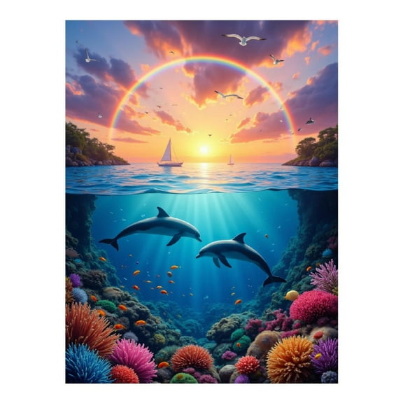 Diamond Art Kit for Adults, Ocean Dolphins Sunset Coral Reef Diamond Painting for Adults Beginners, 5D DIY Diamond Art Painting Kits, Colorful Diamond Painting Craft for Home Decor 12x16