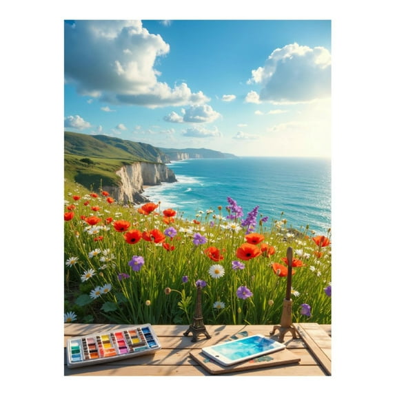 Diamond Art Kit for Adults, Ocean View Cliff Wildflowers Painting Diamond Painting for Adults Beginners, 5D DIY Diamond Art Painting Kits, Colorful Diamond Painting Craft for Home Decor 12x16