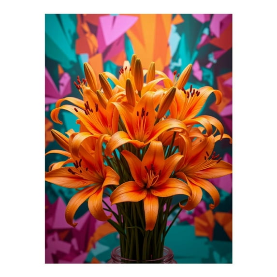 Diamond Art Kit for Adults, Orange Lilies Colorful Geometric Background Diamond Painting for Adults Beginners, 5D DIY Diamond Art Painting Kits, Colorful Diamond Painting Craft for Home Decor 12x16