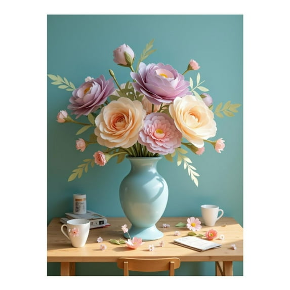 Diamond Art Kit for Adults, Paper Flowers Vase Pastel Table Decor Diamond Painting for Adults Beginners, 5D DIY Diamond Art Painting Kits, Colorful Diamond Painting Craft for Home Decor 12x16
