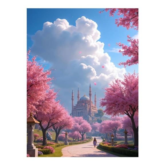 Diamond Art Kit for Adults, Pink Blossoms Serene Pathway Temple Diamond Painting for Adults Beginners, 5D DIY Diamond Art Painting Kits, Colorful Diamond Painting Craft for Home Decor 12x16