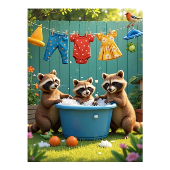 Diamond Art Kit for Adults, Playful Raccoons Laundry Day Garden Diamond Painting for Adults Beginners, 5D DIY Diamond Art Painting Kits, Colorful Diamond Painting Craft for Home Decor 12x16